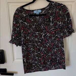 CeCe Black Floral Short Sleeve Blouse with Pink and White Flowers